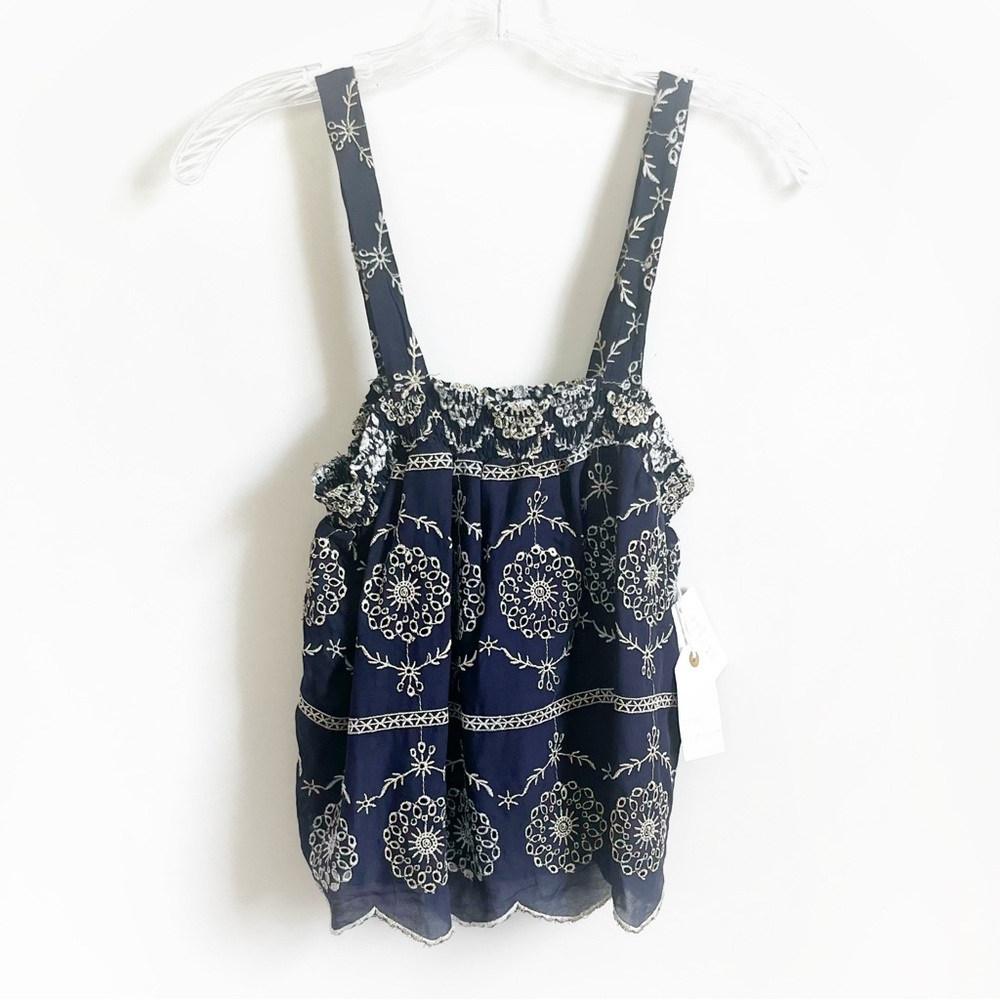 Coco + Jaimeson tank top navy blue gold embroidered floral smocked flowy